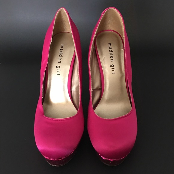 Madden Girl Toriie Heels Pink Fuchsia Fabric Glitter Platforms Sz 7.5 Closed Toe - Picture 4 of 10